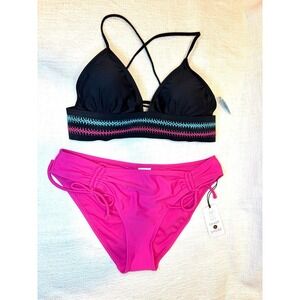Halter lined Bikini Top Stitched & Cinched Sidetie Hipster Bottom New